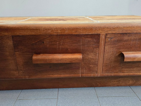 Image 1 of Vintage 1970s Ceramic Coffee Table with Solid Oak Top and 3 Drawers, DLG Capron