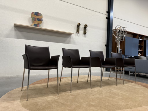 4 chaises de salle à manger Zanotta Zia en cuir marron comme neuves