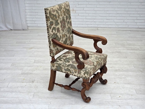 Image 1 of Poltrona scandinava con schienale alto, anni '50, tessuto per mobili, legno di quercia intagliato a mano.