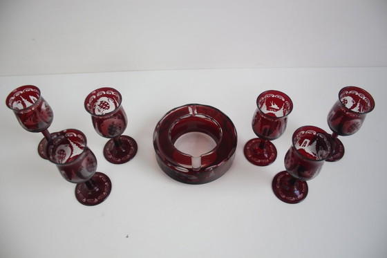 Image 1 of Antique Set of 36 pieces of Artistic cut Ruby red glass, Egermann, 1950's. 