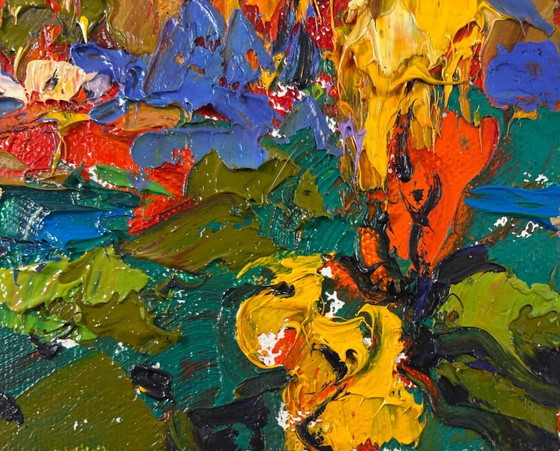 Image 1 of Original Oil Painting Colorful Autumn Landscape Under yellow leaves