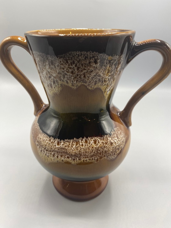 Vase Sarreguemines, décor hawaïen, peint à la main, 2 anses, émail brun flammé – Vaisselle, Ceramic, 1970 (photo 3 of 7)