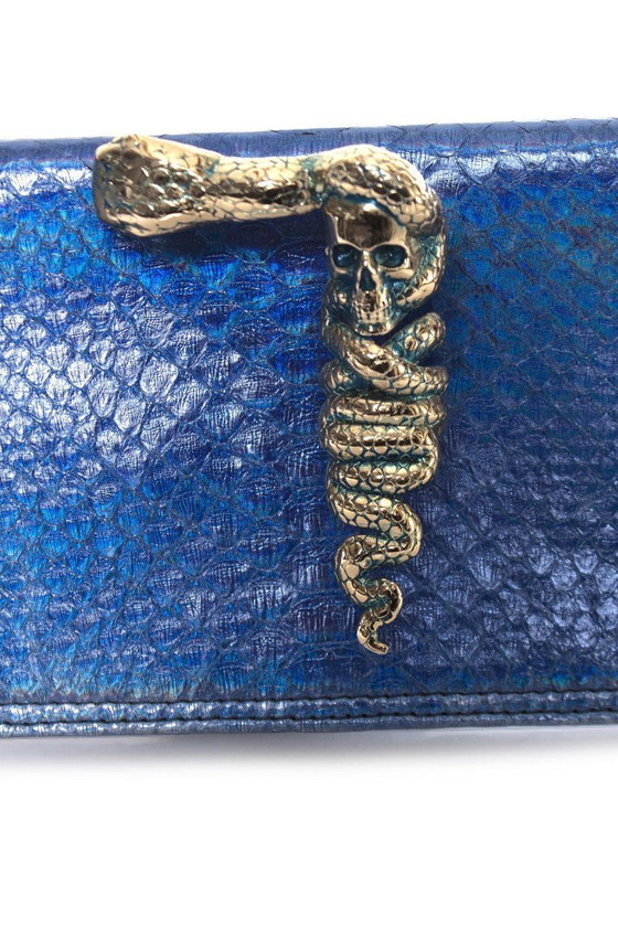 Image 1 of Maison Du Posh, pochette con anello a nocca in pelle di serpente con rivestimento metallico.