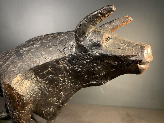 Sculpture animalière de taureau brutaliste en grès émaillé par Mario Peruggini, années 1960 – Ceramic (photo 2 of 12)
