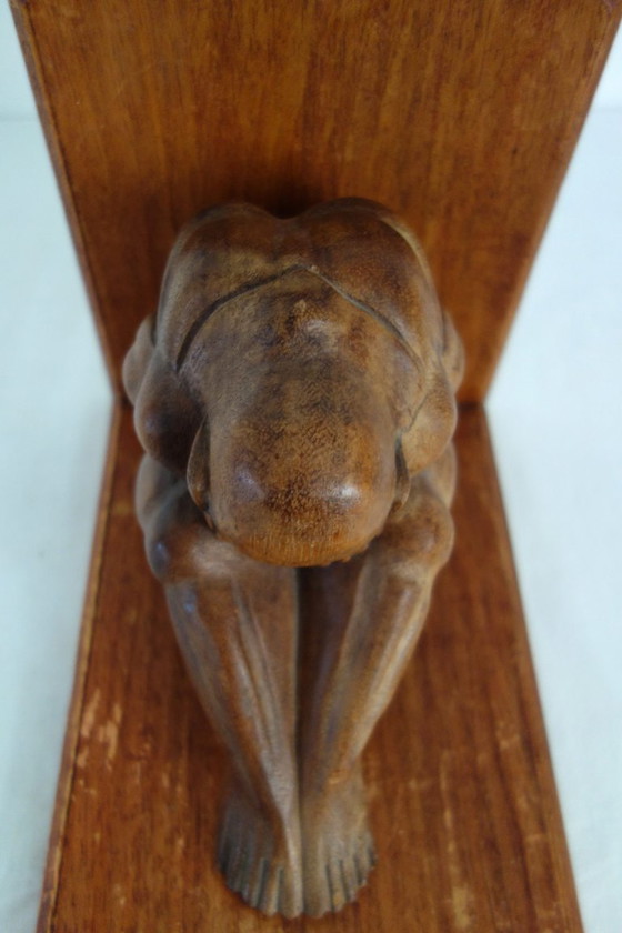Image 1 of Vintage wooden bookends, weeping Buddha