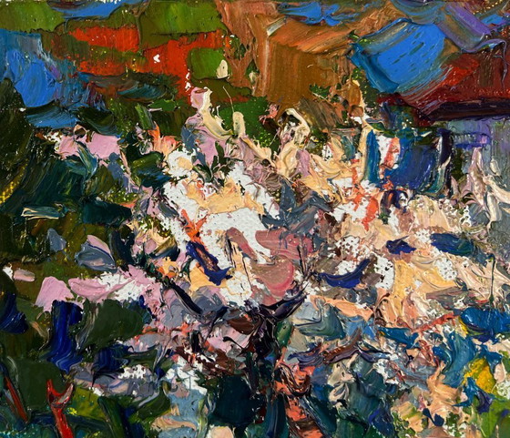 Image 1 of Original Oil Painting Village Day Landscape Petals under the warm spring sun