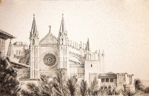 Charcoal drawing of the Cathedral of Mallorca. Mallorca drawing. Painting of Mallorca. Mallorca cityscape. Mallorca. New.