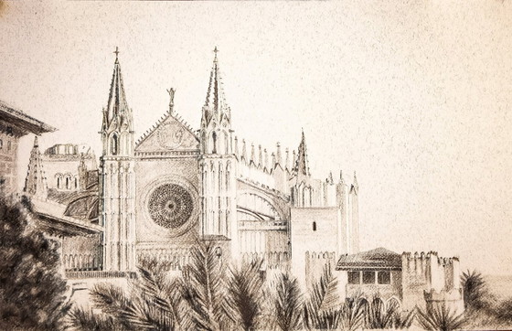 Image 1 of Charcoal drawing of the Cathedral of Mallorca. Mallorca drawing. Painting of Mallorca. Mallorca cityscape. Mallorca. New.