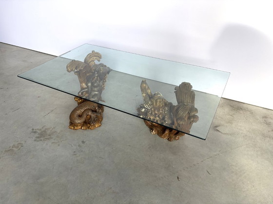 Vintage Gilt Wood Mermaid Coffee Table, 1960s - Italy, Glass, Brown (photo 2 of 13)
