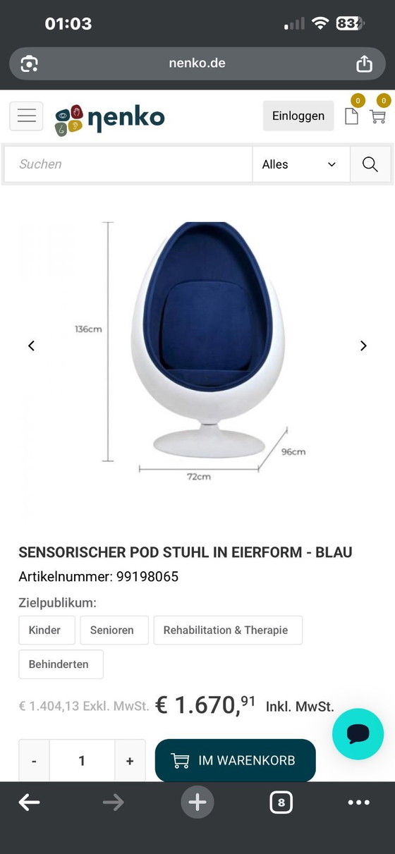 Image 1 of "Egg Chair" / Eistuhl - Πολυθρόνα Σχέδιο Space Age - Λευκό/Γαλάζιο //    Design Egg Chair / Lounge Swivel Chair - White/Light   