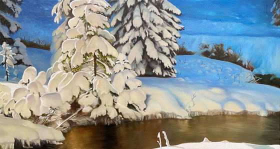 Original Oil Painting Stream Nature Landscape Snow Winter Forest – Paintings & Drawings, Canvas (photo 3 of 7)