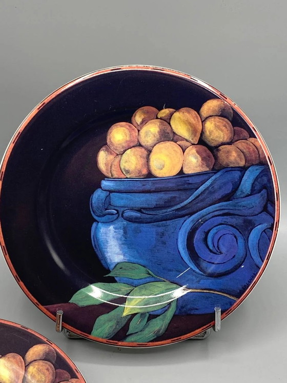 Gien Cueillette Collection, 8 Faience Pieces, Fruit Still Lifes Signed D. Lalande, Black Background (photo 7 of 9)