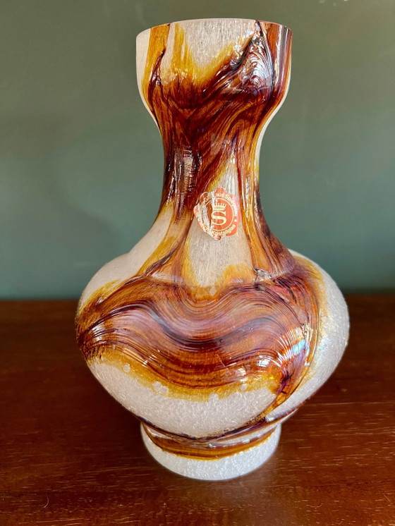 Foam Glass, Mid-Century Vase by Spiegelau with Brown Inclusions, Studio Glass, Hand-blown, Unused with Label (photo 3 of 8)