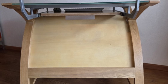 Stijlvol eikenhouten computer meubel met glazen blad, Cohen computerdesks UK, Bureau, Bruin, Modern (foto 10 van 14)