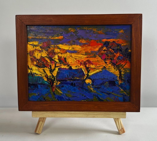 Original Oil Painting Sunset Houses Landscape A blazing evening in the village