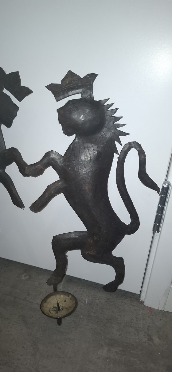 Image 1 of Set of 2 Rare Antique Wrought Iron Wall Sconces - Exclusive Antique Lions