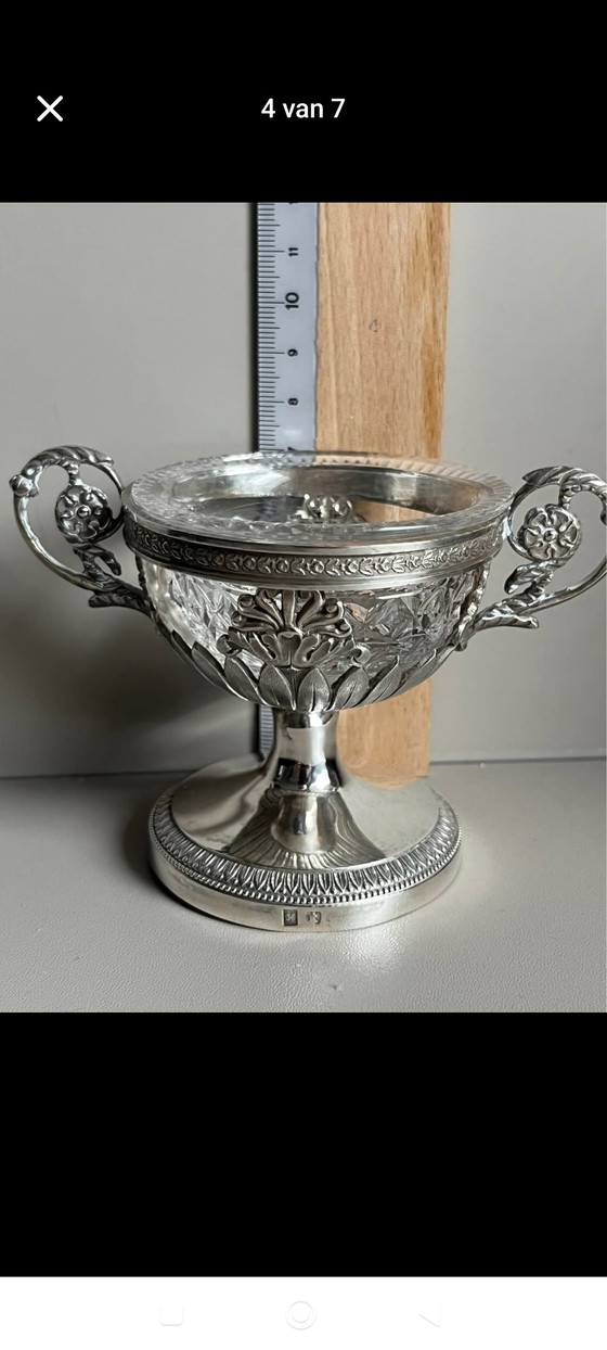 Copa antigua de plata (833) para sal/azúcar con cristal - Países Bajos, 1920 (Impecable) (photo 11 of 15)