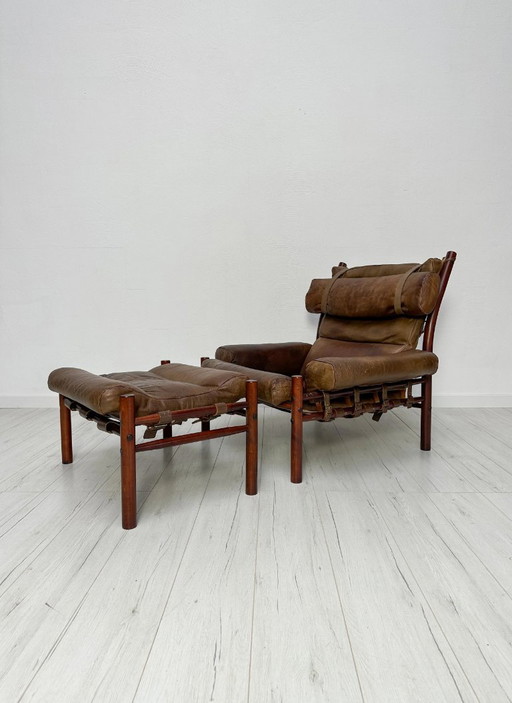 Poltrona lounge e poggiapiedi vintage in pelle Inca di Arne Norell per Norell Möbel AB, design svedese, anni '70.