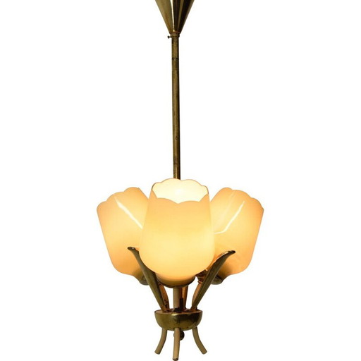 Vintage glass and brass chandelier, Czechoslovakia 1960