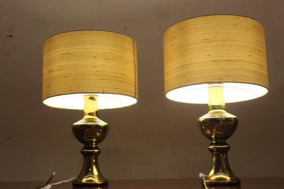 Image 1 of Set of two luxury Uno & Osten gold table lamps with silk shades, Sweden 1970