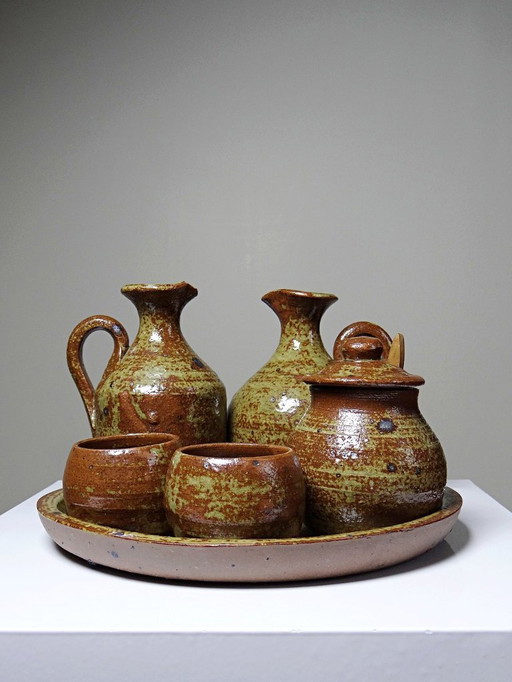 Service à condiments vintage grès pyrité émaillé artisanal style Baudat La Borne