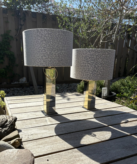 Image 1 of 2 x Paul Evans Skyscraper Style Set Table Lamps with Chrome and Gold Mirrors and Gray Panther Print