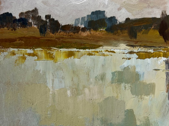 Image 1 of Original Oil Painting Gloomy River Landscape The flow of time and nature