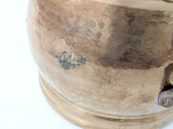 Image 1 of Vintage Hammered Brass Cachepot Planter with Ornate Handles and Age Patina