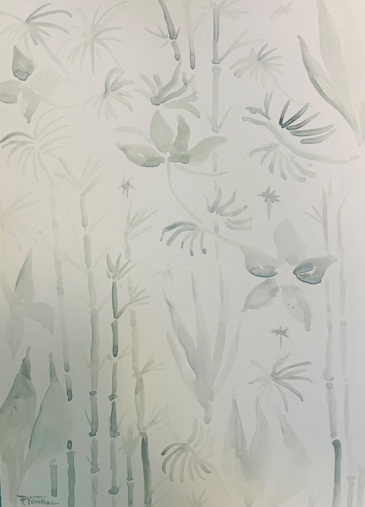 Signed monochrome sage green watercolor "jungle" landscape