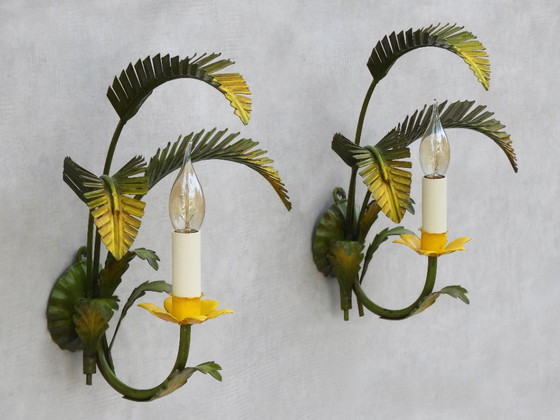 Pair of Mid Century Italian Palm Leaf Wall Lights C1950 - Two Pairs Available, Metal, Yellow (photo 5 of 8)