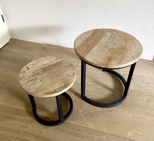 2 side tables mango wood and steel round