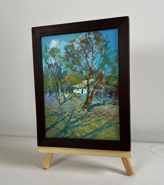Image 1 of Origineel olieverfschilderij: Landschap bij een zomerhuisje in de schaduw van de bomen