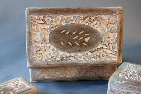 Image 1 of Set of antique carved wooden boxes with ivory inlays. New. Suitable for sewing, jewelry, or other purposes.