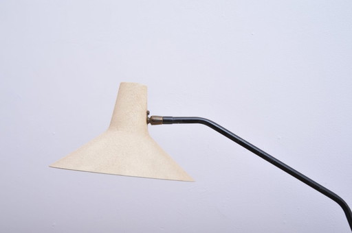 Lampe à pince avec bras noir et abat-jour beige craquelé (1950s)