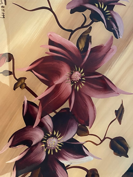 Painted tray under glass, signed Germ, floral bouquet, wood and cylindrical handles – Decorative Objects (photo 5 of 7)