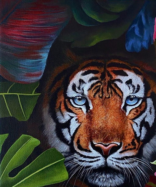 Original Oil Painting Portrait Animal Tiger in the Bushes – schilderijen tekeningen, Canvas (photo 2 of 8)