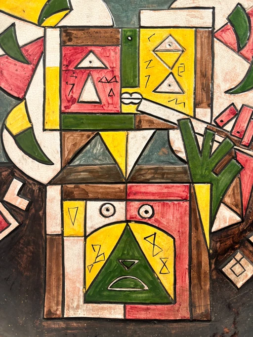 Large Ceramic Relief-Decorated and Painted Plate by Ibrahim Kodra, 1970s – decoratieve objecten, Surrealism (photo 2 of 10)