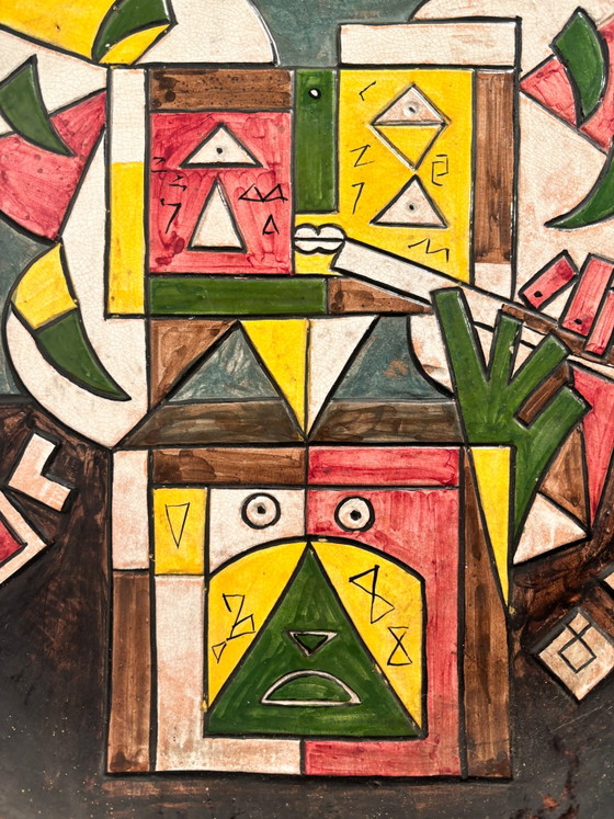 Grande assiette en céramique décorée en relief et peinte par Ibrahim Kodra, années 1970 – Objets déco (photo 2 of 10)