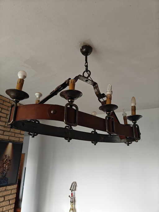 Lampadario francese con rivestimento in pelle, anni '50