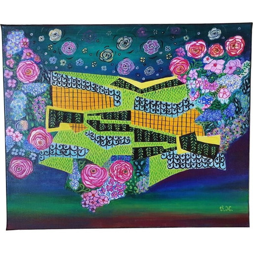 Vintage-Acrylgemälde "Flucht" von Jocelyne Hoffelt, 2021