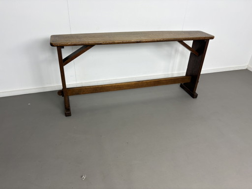 Banco de entrada antiguo de roble de estilo brutalista holandés para mesa de comedor
