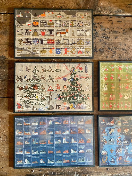 Fünf originale gerahmte Blätter dänischer Weihnachtsmarken (1959-1964)
