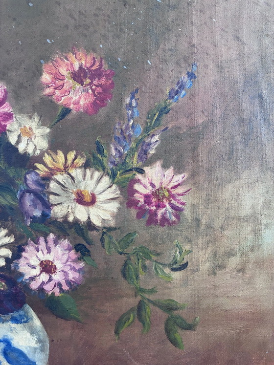 Image 1 of Vintage original floral oil painting with blue and white vase