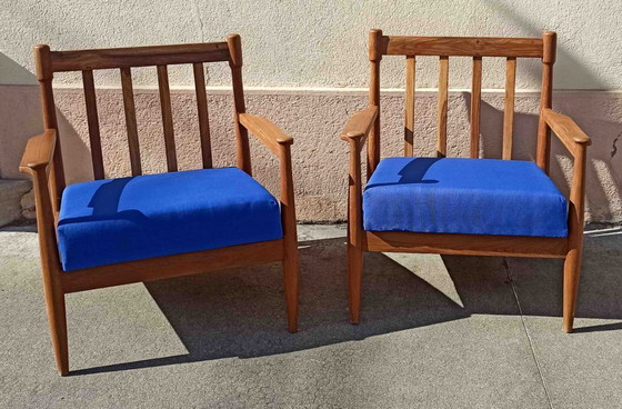 Image 1 of Pair of Scandinavian armchairs with blue cushions, 1960s