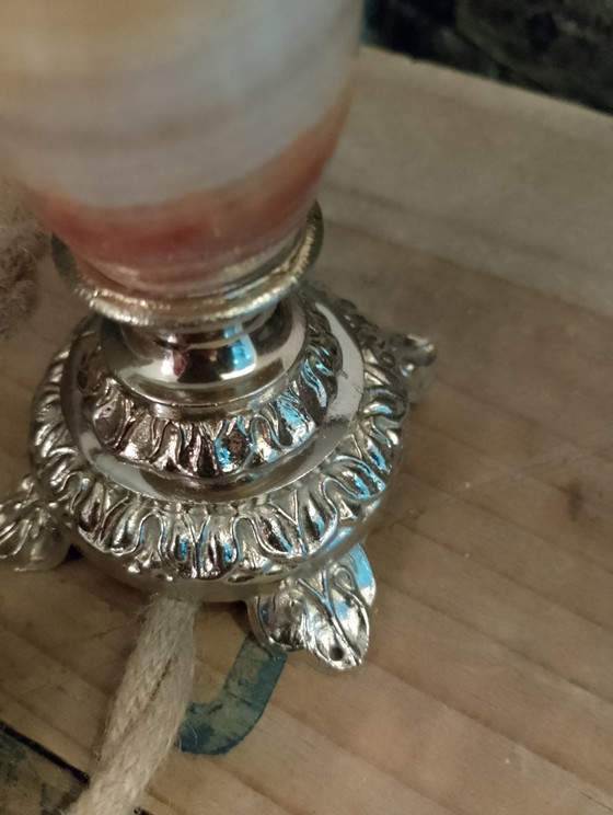 Image 1 of Lámpara pequeña y elegante en bronce, ónix, terciopelo antracita, cable de lino trenzado, totalmente restaurada.