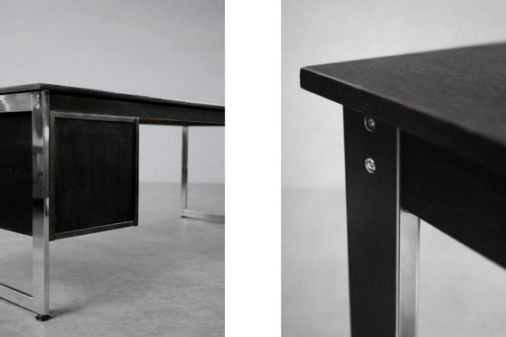 Image 1 of Vintage Mid-Century Danish Modern Minimalist Black Oak Desk with Chrome Base, 1970s