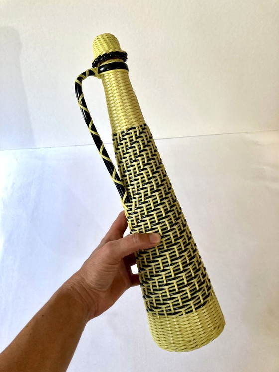 Image 1 of Large yellow and black scoubidou bottle, 1960s