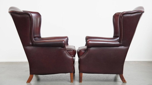 2x Bordeaux red cowhide leather ear chairs in English style