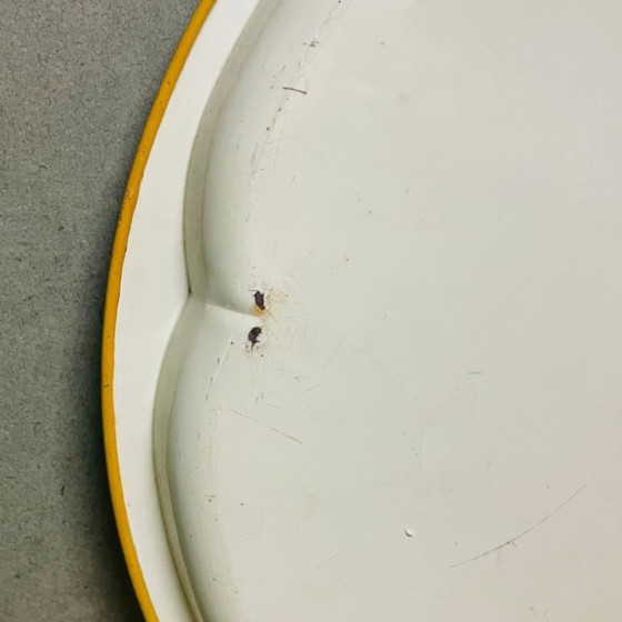 Image 1 of Large vintage round enamel metal tray still life fruit design by Daher