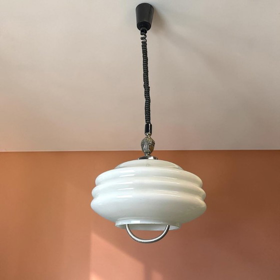Hanglamp met uittrekbaar glazen frame in mid-century stijl voor de eetkamer, jaren 70. – Leeslamp, Glass (photo 3 of 10)